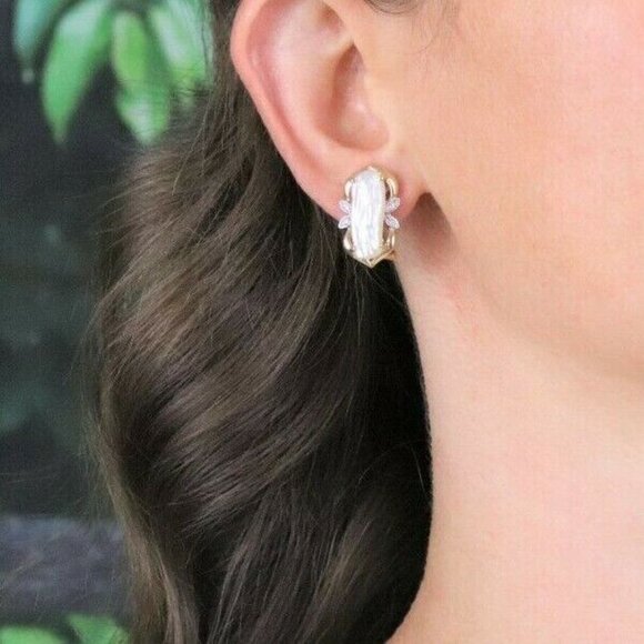 14k Yellow Gold Keshi Pearl and Diamond Earrings Lever Back Earrings - Picture 2 of 11